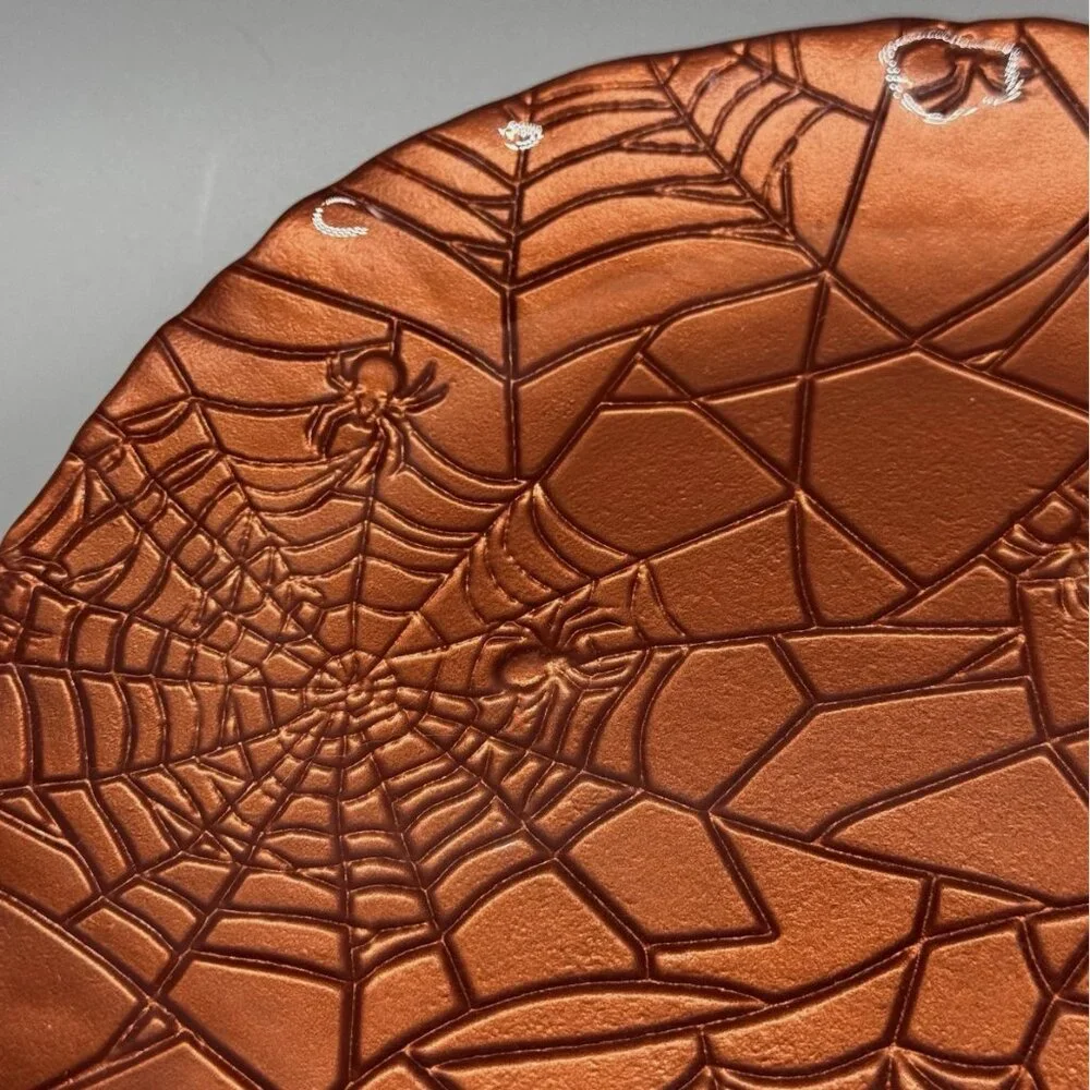 x4 Akcam Turkish Glass Halloween Salad Dessert Plates Orange Spiderweb Embossed